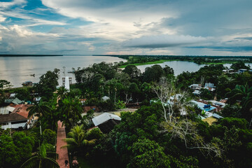 Puerto Narino Time Lapse Colombia Tropical Landscape Skyline Amazon River Shore, Blue Sky, Clouds...