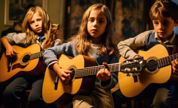 Little kids learning to play guitar in music class
