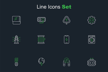 Set line Tee plug electric, Magnet, Global planet with thunderbolt, LED light bulb, Washer, Mobile phone, Wire cable reel and Electric tower line icon. Vector