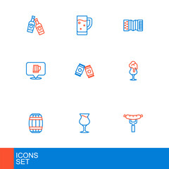 Set line Sausage on the fork, Glass of beer, Wooden barrel, mug, Beer can, Accordion and icon. Vector