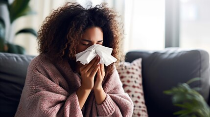 Sick woman blowing her nose on a cold winter day