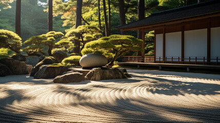 Peaceful Zen garden, raked sand, large stones strategically placed, surrounded by lush greenery, minimalist Japanese aesthetic, morning sun creating long shadows