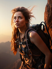 Obraz premium a female rock climber, showcasing raw power and determination, rugged mountain landscape in the background