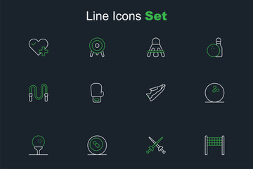 Set line Volleyball net, Fencing, Billiard pool snooker, Golf on tee, Bowling, Fitness sneakers shoes, Boxing glove and Jump rope icon. Vector