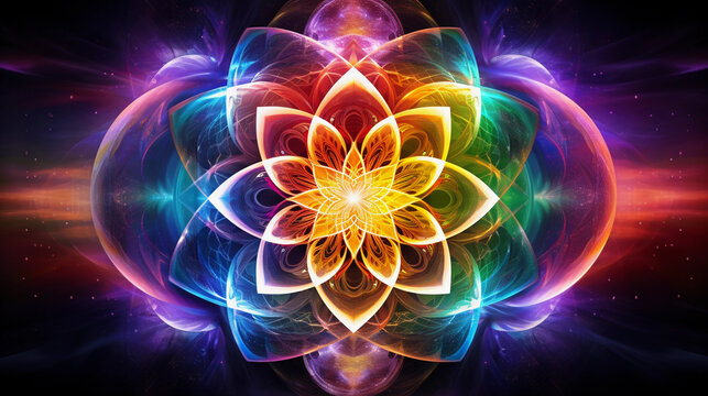 Sacred geometry, the Seed of Life symbol, emerging from a vibrant explosion of color, blending fractal art and spiritual symbolism, psychedelic interpretation