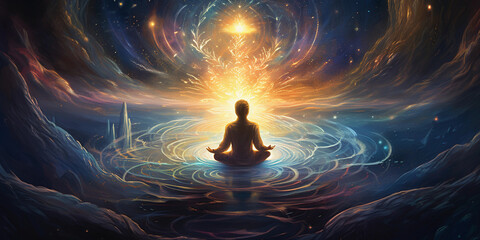 A transcendental spiral galaxy above a meditator in Lotus position, blending the spiritual and cosmic, radiant hues