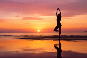a silhouetted yogi at sunrise, practicing asanas on the beach, gradients of pastel colors, embodying peace and tranquility