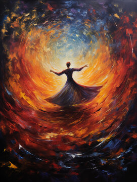 A mystical Sufi whirling, amidst a galaxy of swirling colors, dervish caught in the ecstasy of dance, surreal, abstract oil painting