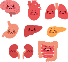 病気で苦しそうな表情の臓器のキャラクターイラストのセット(Set of cute cartoon internal organs)