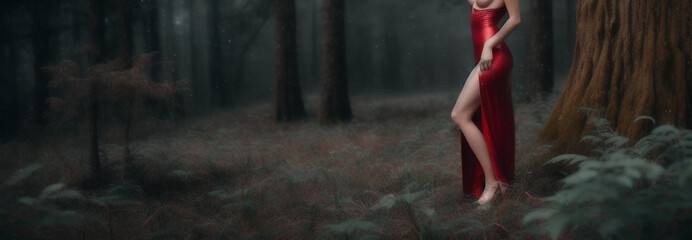 sexy woman in red dress posing in forest - obrazy, fototapety, plakaty