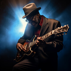 Obraz premium Bluesman play on guitar blues rock under stage light. Festival music concert with songs. Black skin guitarist in hat. Retro style.