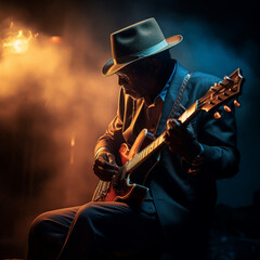 Bluesman play on guitar blues rock under stage light. Festival music concert with songs. Black skin...