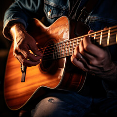 Fototapeta premium Bluesman play on guitar blues rock under stage light. Festival music concert with songs. Black skin guitarist in hat. Retro style.