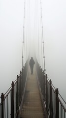 Fuzzy man walking on hanging bridge vanishing in fog. Generative AI