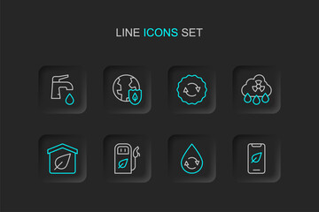 Set line Mobile phone with leaf, Recycle clean aqua, Petrol or gas station, Eco friendly house, Acid rain radioactive cloud, symbol, Earth shield and Water tap icon. Vector
