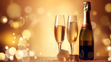 Glasses of champagne on a festive background, party or holiday concept. New Year or Christmas sparkling background with copy space. Gold and black colors.