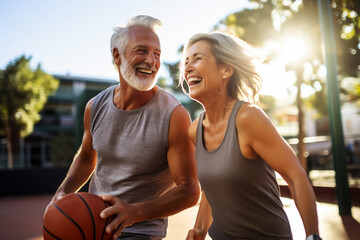 Active sporty middle aged couple playing basketball outdoors, happy man and woman jogging together...
