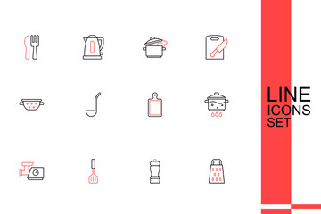 Set line Grater, Pepper, Spatula, Kitchen meat grinder, Cooking pot on fire, Cutting board, ladle and colander icon. Vector