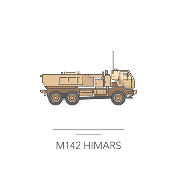 M142 HIMARS icon. Outline colorful icon of rocket artillery system on white. Vector illustration
