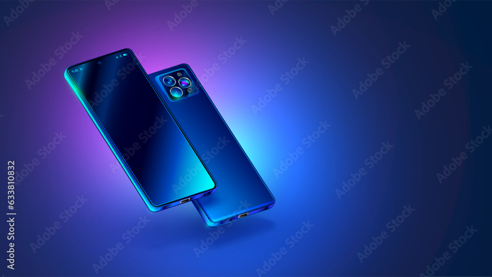 Fototapete phones at both sides hanging angle over table. realistic vector phone mockup with empty screen. smar