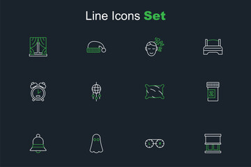 Set line Window with curtains, Contact lens container, Ghost, Ringing bell, Sleeping pill, Pillow, Dream catcher feathers and Alarm clock icon. Vector