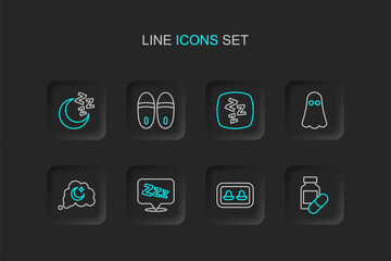 Set line Sleeping pill, Earplugs with storage box, Sleepy, Dreams, Ghost, Slippers and Moon and stars icon. Vector