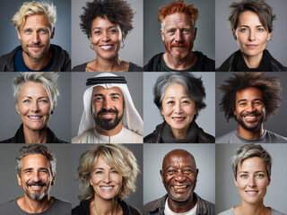 Fototapeta premium Collage of ethnically different happy people modern portraits, Success, smiling and happiness multicultural faces looking at camera, Human resource society database concept, globalization..