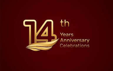 14th anniversary logo design with double line number style and golden wings, vector template