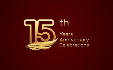15th anniversary logo design with double line number style and golden wings, vector template