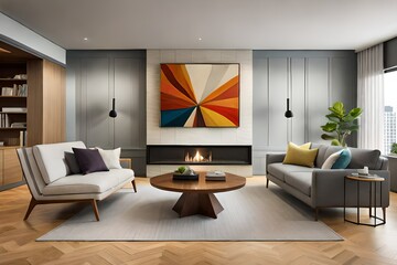 Mid-Century Modern Living Room: Iconic furniture pieces like an Eames lounge chair and a kidney-shaped coffee table take center stage. A sunburst mirror hangs above the fireplace, and vibrant abstract