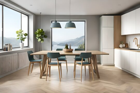 A light wood dining table with simple, clean lines is surrounded by Scandinavian-designed chairs. Pendant lights with geometric shapes hang above the table, and a large window lets in natural light