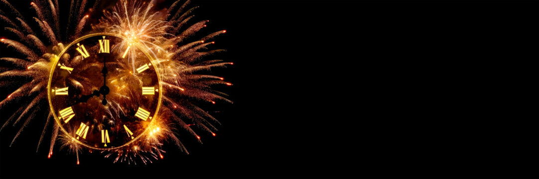 Happy New Year countdown. Panoramic banner. Clock and fireworks, lights and bokeh effect. Golden clock on dark festive background with copy space