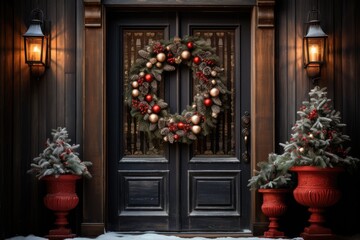 Christmas holiday wreath hanging on a door, adorned with shimmering ornaments and twinkling lights