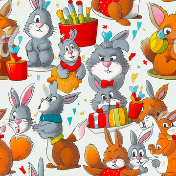 Seamless pattern with a bunch of fluffy cartoon animals sitting next to each other on a white background.