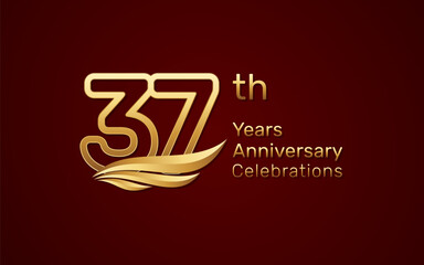 37th anniversary logo design with double line number style and golden wings, vector template