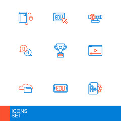 Set line Exam sheet with A plus grade, Online education, Cloud or online library, play video, Question and Answer, Award cup, Web camera and icon. Vector