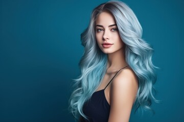 Naklejka premium Portrait of a fictional elegant lady with dyed blue hair. Hairstyle close-up, illustration for hair salon. Isolated on a blue background. Generative AI.