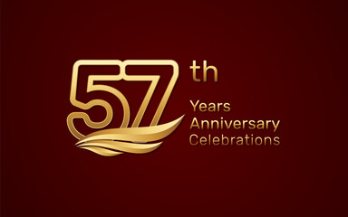 57th anniversary logo design with double line number style and golden wings, vector template