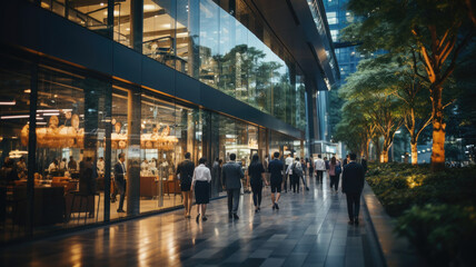 Blurred business people walk fast movement with meeting room in modern office building in dark tone.