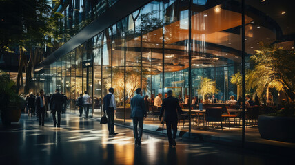 Blurred business people walk fast movement with meeting room in modern office building in dark tone.