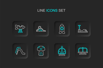 Set line Attraction carousel, Mushroom house, Slide playground, Bumper, Rocket ship toy, and Swing plane icon. Vector