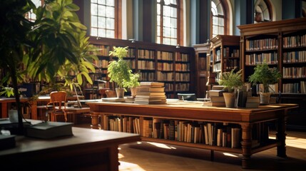 a photo of a interior of a luxury public book library shop. a lot of books on the shelf and desk tables. modern design with panorama glass windows and green nature outside. Generative AI	