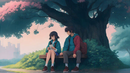Lofi girl and boy making in a park / lofi manga anime style