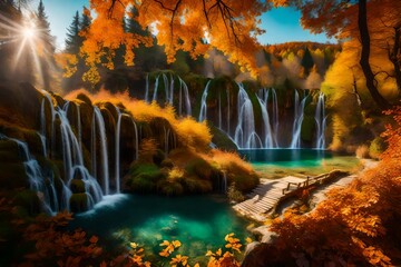 Capture the serene cascade of amber leaves, their descent mirrored in the crystal-clear waters below, amidst the gentle embrace of autumn's embrace.