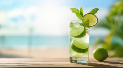 Fresh cold mojito cocktail glass with lime in a wooden table top, blurred tropical beach background