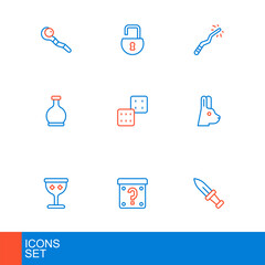 Set line Dagger, Mystery box, Medieval goblet, Rabbit with ears, Bottle potion, Game dice, Magic wand and Open padlock icon. Vector