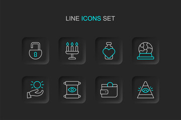 Set line All-seeing eye of God, Wallet, Magic scroll, Ball levitating above hand, ball, Bottle with love potion, Candlestick and Open padlock icon. Vector