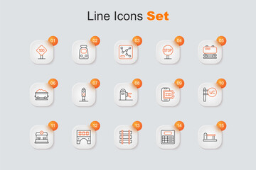 Set line Railway, railroad track, Train station board, barrier, Bridge for train, Toilet, Online ticket booking and Turnstile icon. Vector