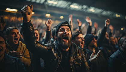 facial expression while cheering on important football matches in a large and famous football stadium.
