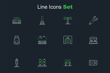 Set line Train ticket, Waiting hall, End of railway tracks, traffic light, Railway station, tunnel, Oil cistern and and icon. Vector